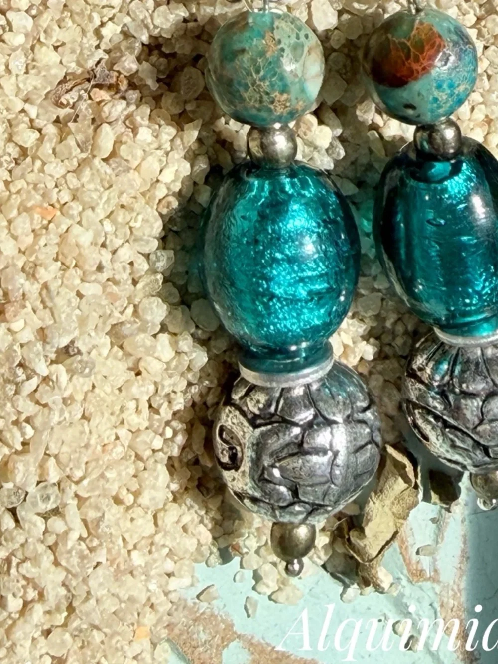 TURQUOISE Teal Glass & Silver Textured Drop Earrings